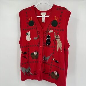 Women Cat Sweater Vest Size L Whimsical Cottagecore Knit Novelty Pattern Vintage